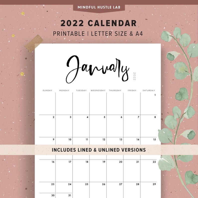 2022 Calendar Printable | Digital Calendar Template | Instant Download | Calligraphy, Black & White, Letter Size, A4, Sunday Monthly 