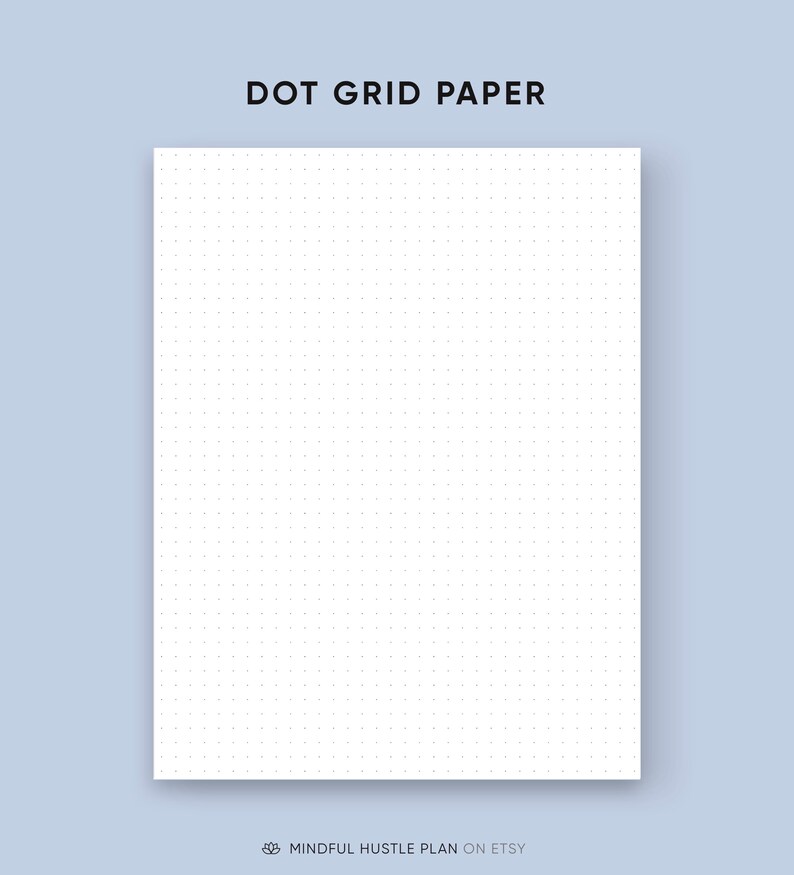 Op de afbeelding: Een wit vel stippenpapier met de zwarte titel "DOT GRID PAPER" bovenaan en de tekst "MINDFUL HUSTLE PLAN ON ETSY" onderaan.