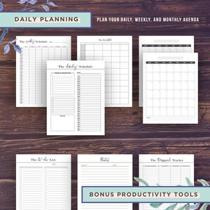 May include: A set of printable daily, weekly, and monthly planner pages. The pages are black and white with a simple design. The pages include a daily schedule, weekly schedule, monthly calendar, to-do list, notes page, and password tracker.