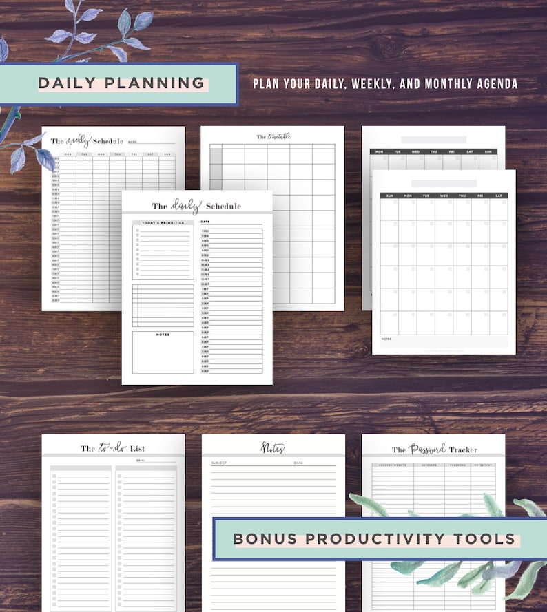 May include: A set of printable daily, weekly, and monthly planner pages. The pages are black and white with a simple design. The pages include a daily schedule, weekly schedule, monthly calendar, to-do list, notes page, and password tracker.