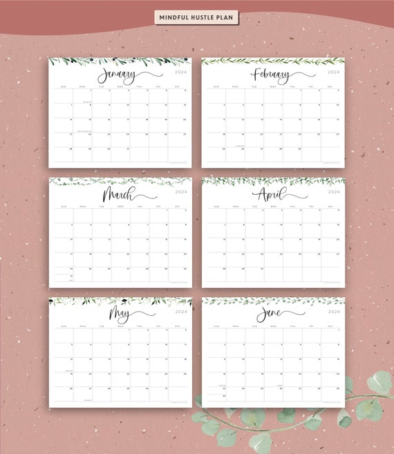 Calendar Printable 2024 PDF, Holidays, Greenery, Botanical, Monthly,  Horizontal Layout Lined, Letter Size, A4, Wall, Instant Download 