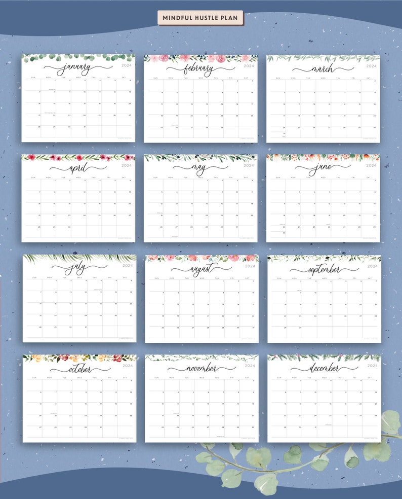 2024 printable calendar, calendar floral horizontal layout with us holidays