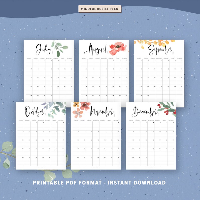 2024 Calendar Printable with US holidays, Desk Calendar Monthly, Flowers Watercolor, Botanical Floral Wall, PDF, Letter Size, A4, By month image 3