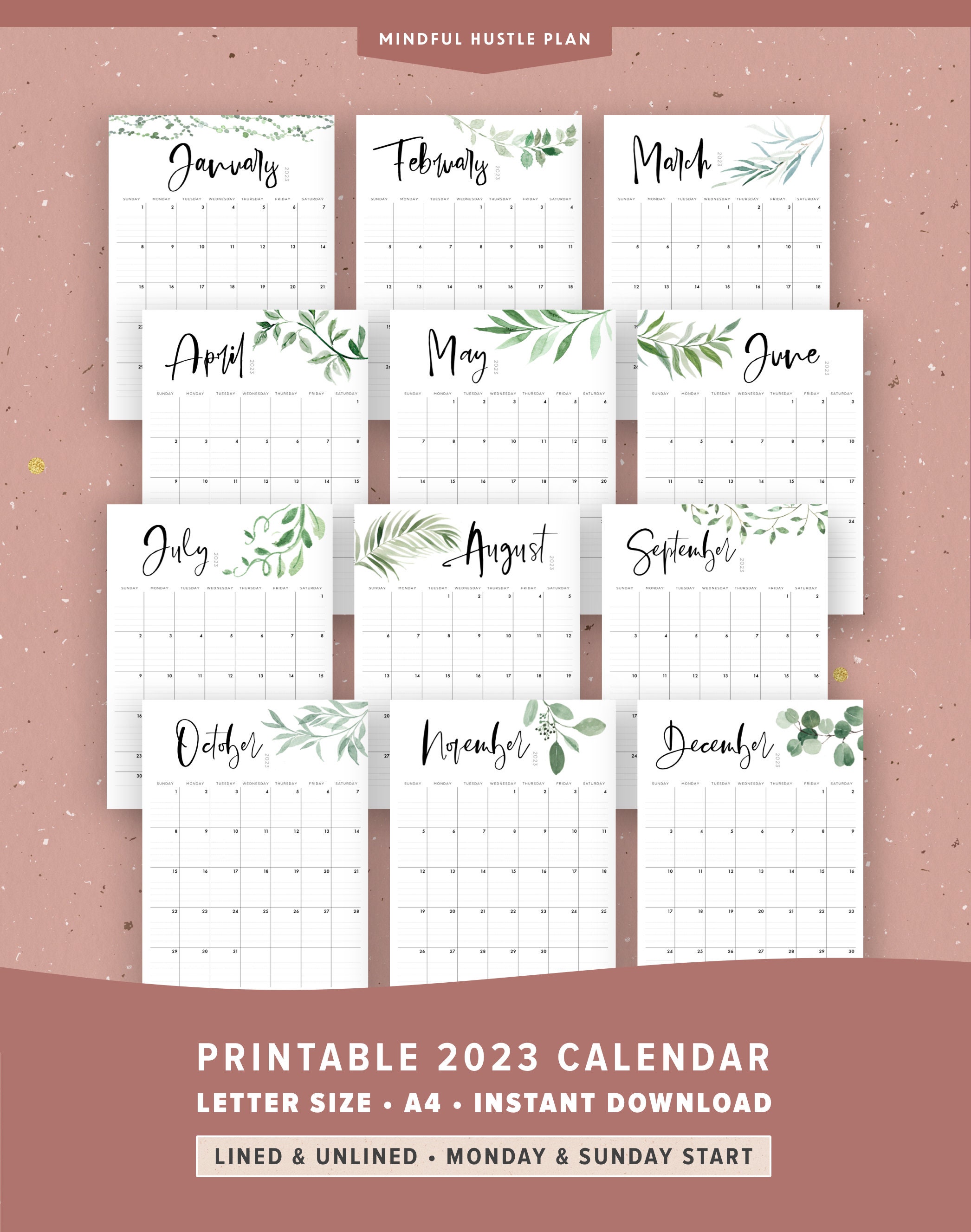 2023 Calendar Printable PDF Greenery Botanical Etsy