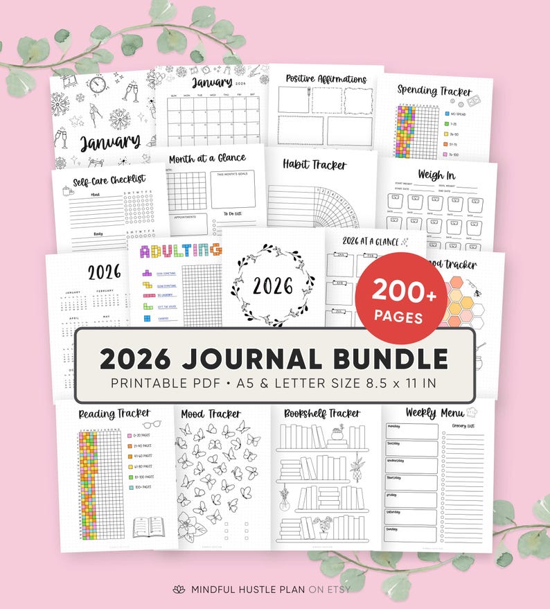 2026 Bullet Journal Seiten druckbares Paket, vorgefertigte Journalvorlagen, Jährliche Tracker, Lesen, Stimmungstracker, Bujo Layouts, A5, Letter PDF Bild 1