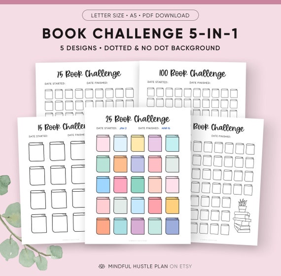 Reading Challenge, 25 Book Challenge, 50 Book Challenge, 75, 100, Reading Journal Printable, Book Tracker, A5, Letter PDF, Bullet Journal