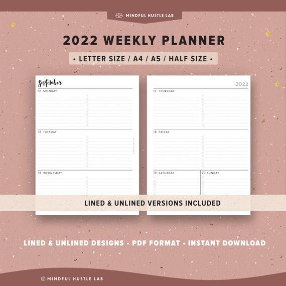 Weekly Planner 2022 Printable Horizontal Layout Filofax A5 Planner