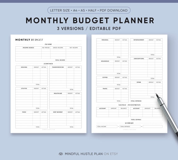 Monthly Budget Planner Printable, Editable Budget Plan, Incomes and Expenses Tracker, Debt, Savings, Financial Planner | A5, Half, Letter A4