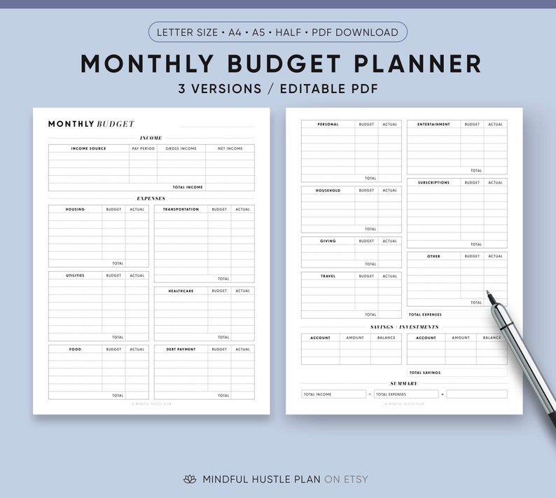 monthly budget planner, editable template, fillable PDF, finance planner, budget planner printable