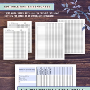 May include: Editable PDF roster templates for classroom use. The templates include a blank attendance record and a homework checklist with space for student names and dates.