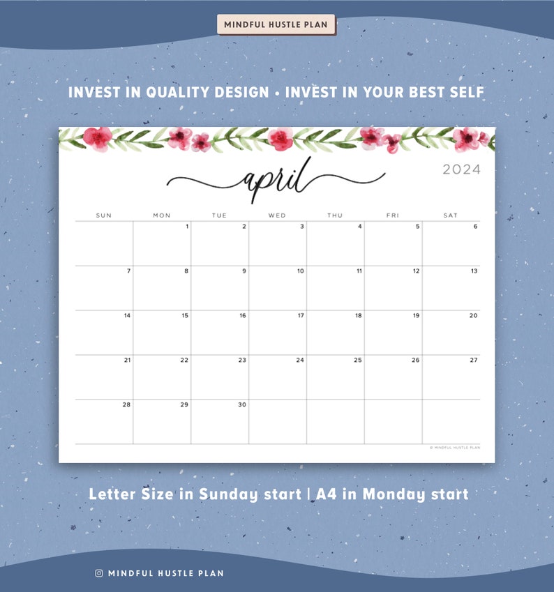 2024 printable calendar, calendar floral horizontal layout with us holidays