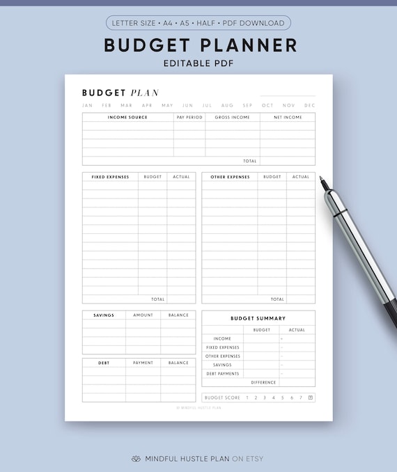 Budget Planner Printable, EDITABLE, Weekly Budget, Paycheck Planner, Monthly Finance, A5, A4, Letter, Half Size, Finance Insert, Digital PDF