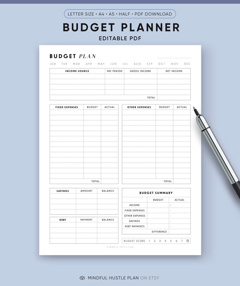 monthly budget planner, printable financial planner, income and expenses tracker
