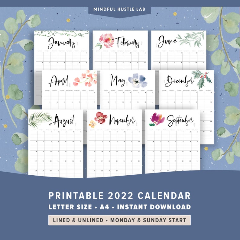 2022 Calendar Printable, Desk Calendar Monthly, Flowers Watercolor, Botanical Floral Wall, PDF, Letter Size, A4, Elegant Pretty, Lines 