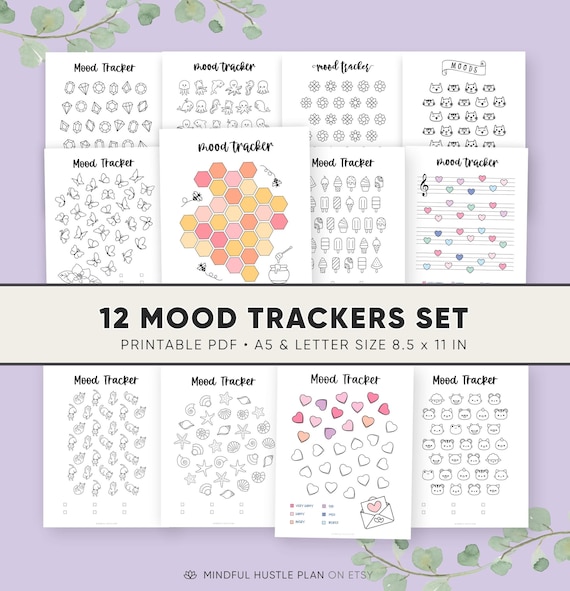 Mood Trackers Printable, Bullet Journal Printable Template, Pre-Made Bullet Journal Pages, A5, Letter Size 8 x 11.5 inch, Coloring Pages