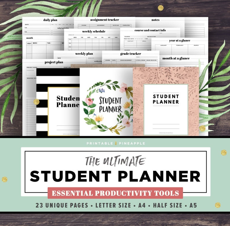 Student Planner Printable, Academic Planner Printable, College Student Planner, Productivity Project Agenda, High school, A5, Half Size 