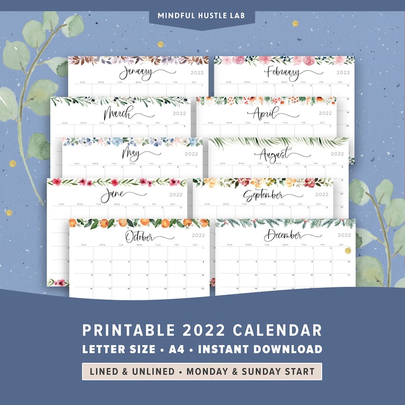 Printable Calendar 2022, Horizontal Floral Watercolor Calligraphy, Handlettering, Monthly Calendar, Watercolour, landscape, Letter A4 PDF 