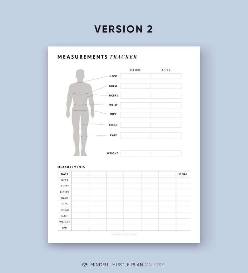 Metingen Tracker afdrukbaar, vrouwelijk lichaam en mannelijk lichaam, gewichtsverlies tracker, BMI, fitnessdagboek, dieetdagboek, gezond leven, PDF afbeelding 3