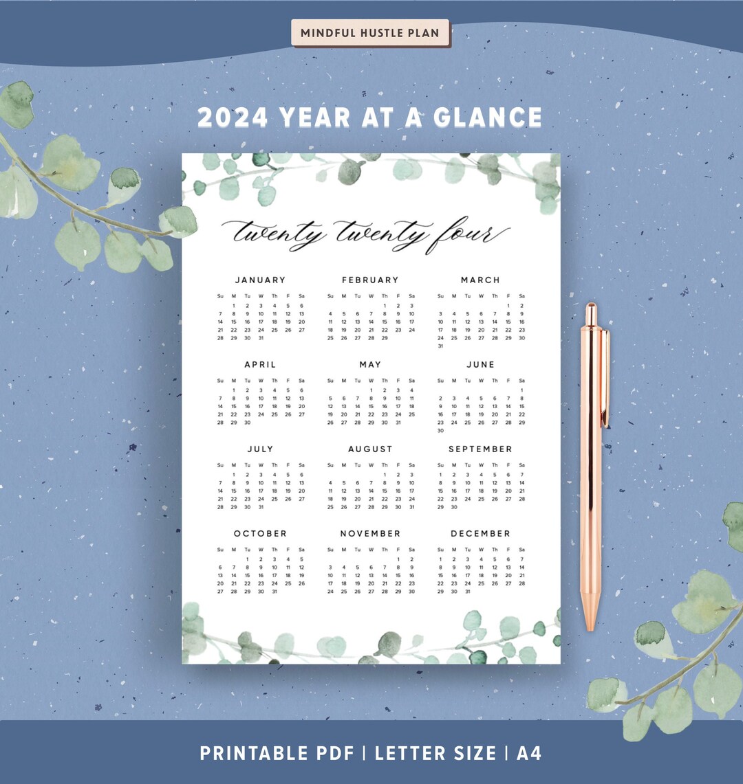 2024 Year at a Glance, Calendar Printable on 1 Page, Yearly Calendar ...