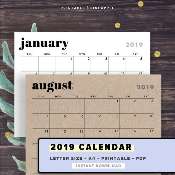 2019 wall calendar printable calendar template horizontal etsy wall calendar template