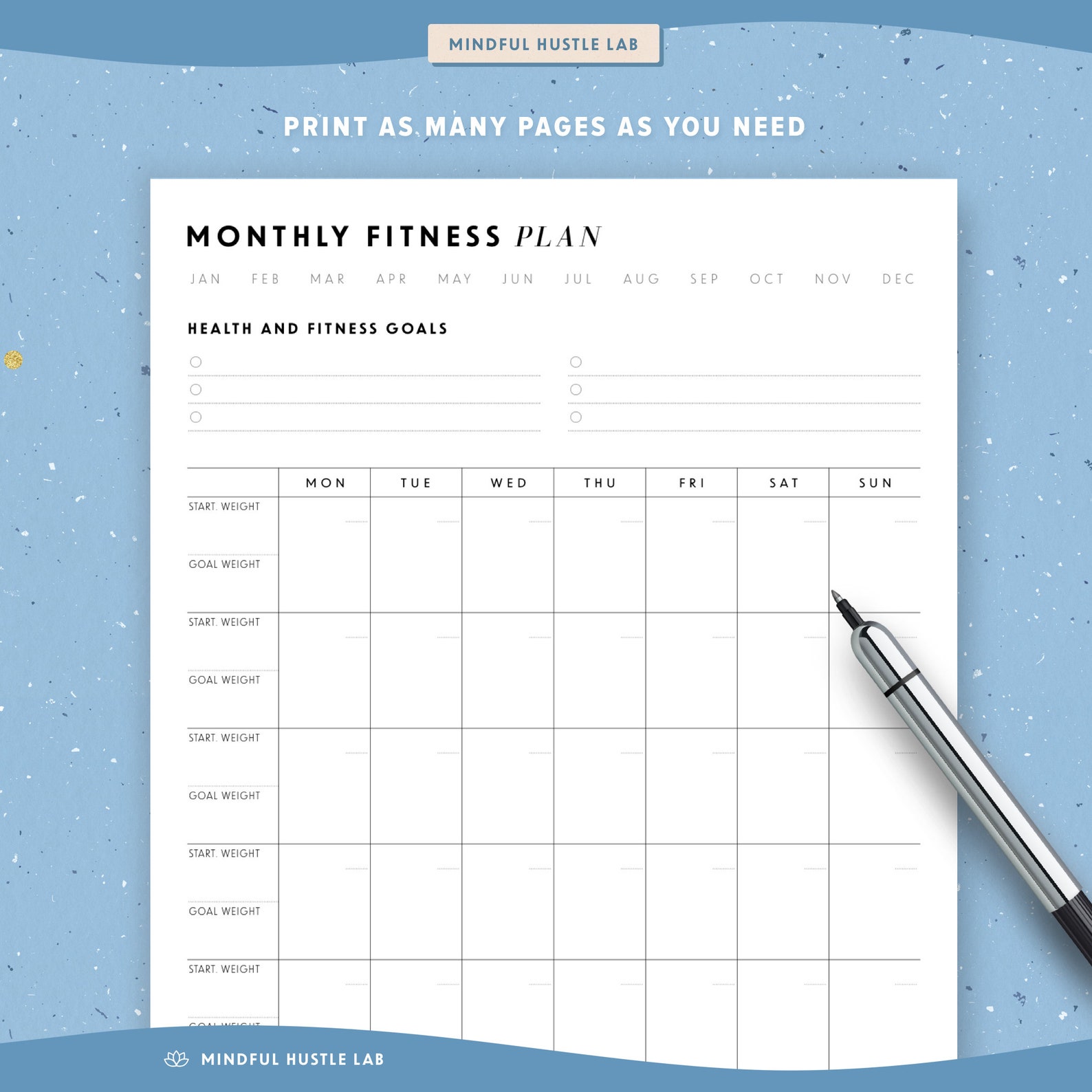 Monthly Fitness Planner Workout Calendar Printable Printable | Etsy