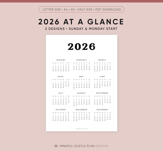 2026 Calendar on One Page Printable, Year at a glance, Desk Calendar, PDF, Letter Size, A4, Monday, Sunday Start, Minimalist, Portrait