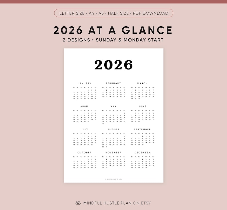 Calendario 2026 en una página imprimible, resumen del año, calendario de escritorio, PDF, tamaño carta, A4, inicio lunes, domingo, minimalista, vertical imagen 1