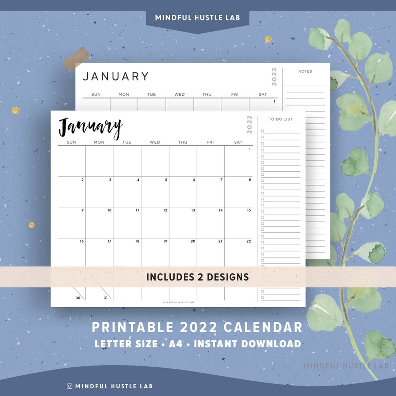 Printable 2022 Calendar with To Do List, Notes | Desk Calendar, Letter Size, A4, Monday & Sunday Start Monthly | Instant Download 