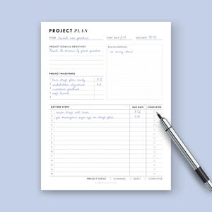 May include: A black and white project plan template with a dotted grid pattern. The template includes sections for the project title, goals, milestones, action steps, due dates, and a project status checklist. The text "PROJECT PLAN" is at the top of the page.