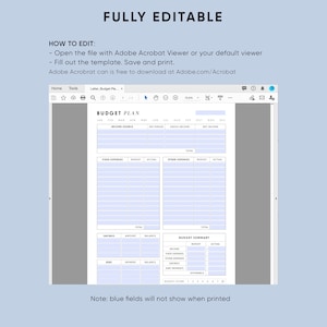 May include: A printable budget planner template with a blue and white color scheme. The template includes sections for income, fixed expenses, other expenses, savings, and debt. The text "BUDGET PLAN" is at the top of the page.