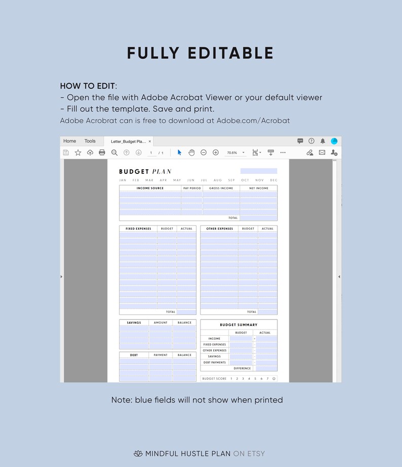 May include: A printable budget planner template with a blue and white color scheme. The template includes sections for income, fixed expenses, other expenses, savings, and debt. The text "BUDGET PLAN" is at the top of the page.