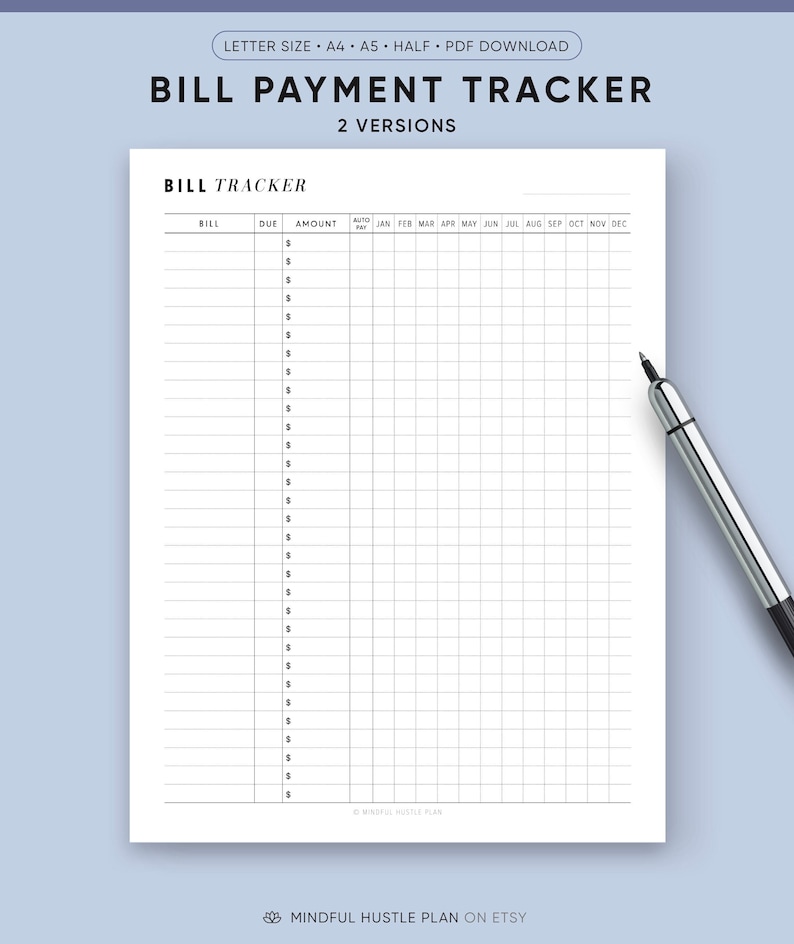 May include: A black and white printable bill payment tracker with the title 'Bill Payment Tracker' and the words 'Bill Tracker' in a smaller font. The tracker has columns for bill name, due date, amount, auto pay, and months of the year. The tracker is designed to be used to track bills and payments.