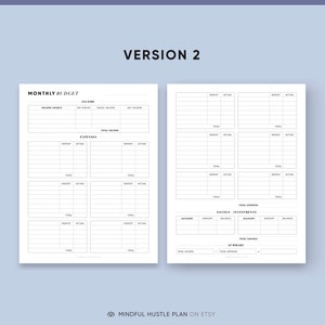 May include: A printable monthly budget planner with sections for income, expenses, savings, and investments. The planner is designed in a minimalist style with black text on a white background.