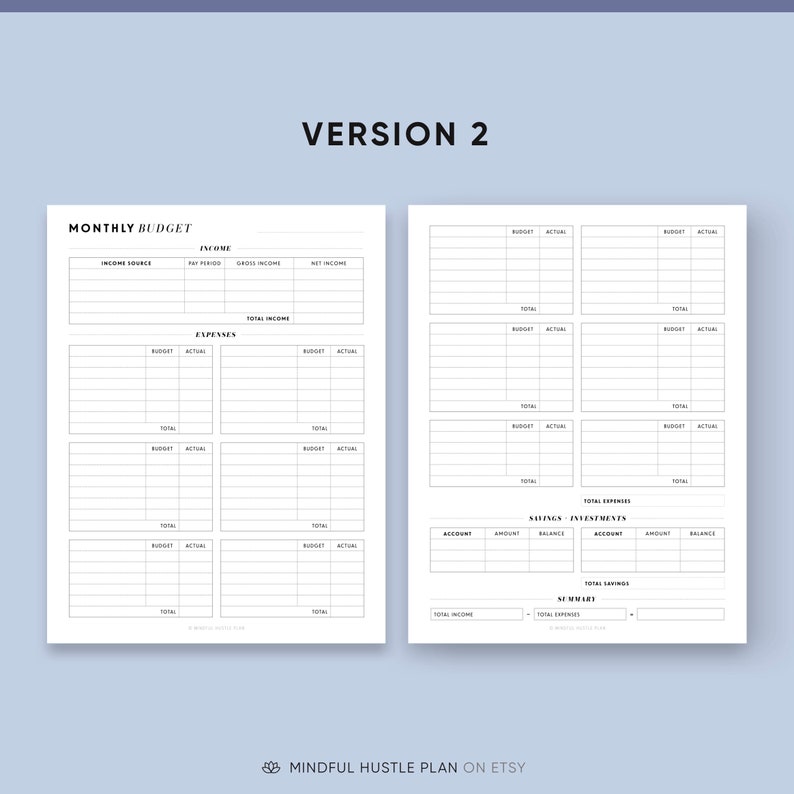 May include: A printable monthly budget planner with sections for income, expenses, savings, and investments. The planner is designed in a minimalist style with black text on a white background.