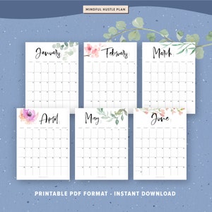 2024 Calendar Printable with US holidays, Desk Calendar Monthly, Flowers Watercolor, Botanical Floral Wall, PDF, Letter Size, A4, By month image 4