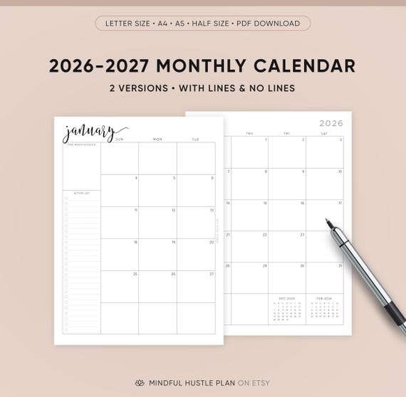 2026-2027 Dated Monthly Planner on Two Pages, Monthly Organizer, Monthly Agenda, Month At a Glance, A5 Inserts, Half Size, Letter,  A4