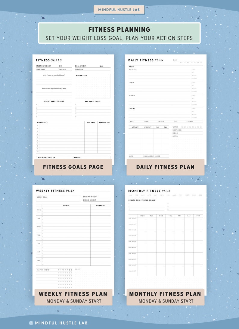 Fitness Planner Printable Bundle, Weight Loss Tracker Printable, Health Journal, Workout Log, PDF, Letter Size, A5, Half Size, A4 image 3