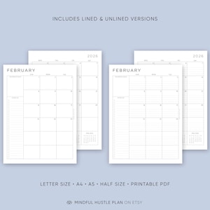 2026 Monthly Planner Printable Download, A5, Half, Letter Size, A4, Dated Month on 2 Pages, 2026 Calendar, MO2P, Lined, PDF image 2
