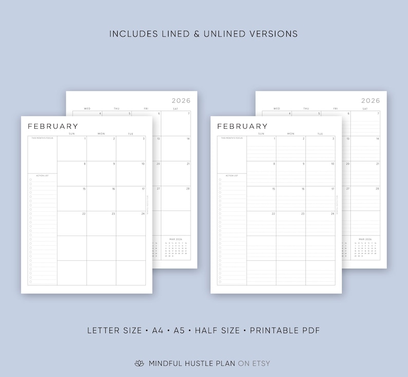 2026 Monthly Planner Printable Download, A5, Half, Letter Size, A4, Dated Month on 2 Pages, 2026 Calendar, MO2P, Lined, PDF image 2
