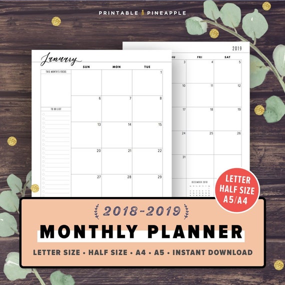 2019 Monthly Planner Printable 2019 Agenda Filofax A5 Half | Etsy