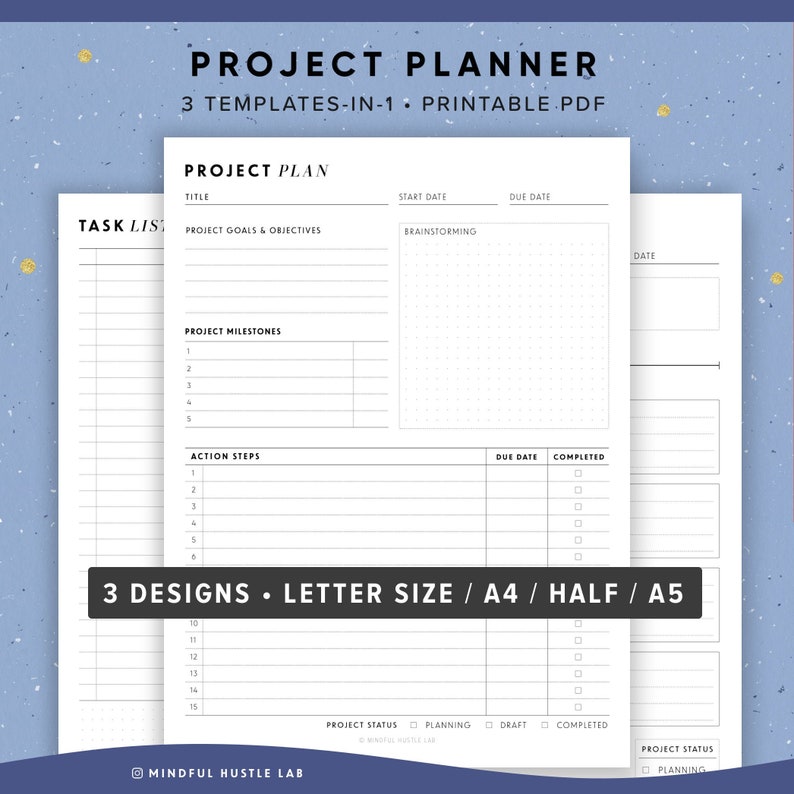 Project Planner Printable, Productivity Planner, Task Tracker, College Student, A5, A4, US Letter Size, Digital Template, Instant Download 