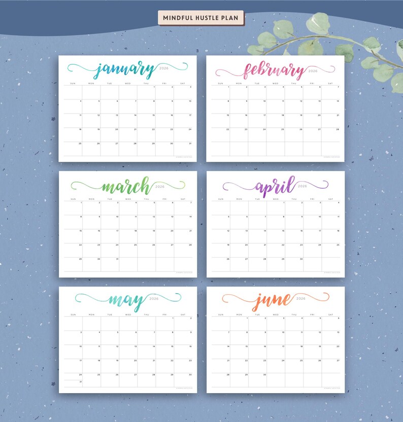 Afdrukbare kalender 2026, bewerkbaar, 12 maanden bureaukalender, liggend, aquarel pdf, Letter-formaat, A4, afbeelding 2