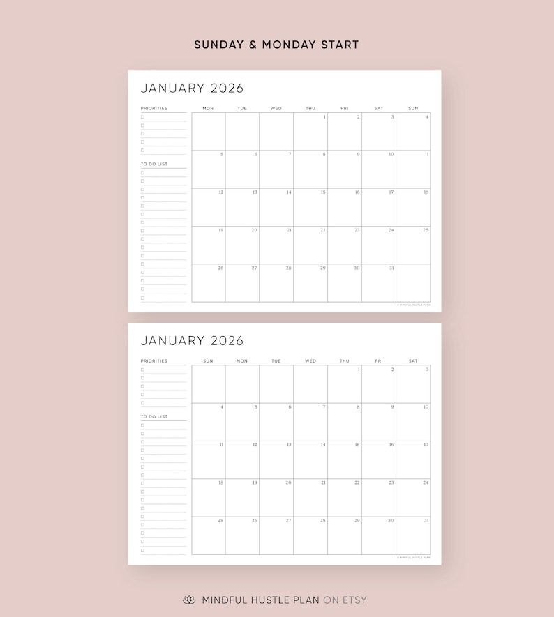 2026 Printable Calendar with To Do List, Desk Calendar, PDF, Letter Size, A4, Monday & Sunday Start, Monthly Calendars, Downloadable, Goals image 2