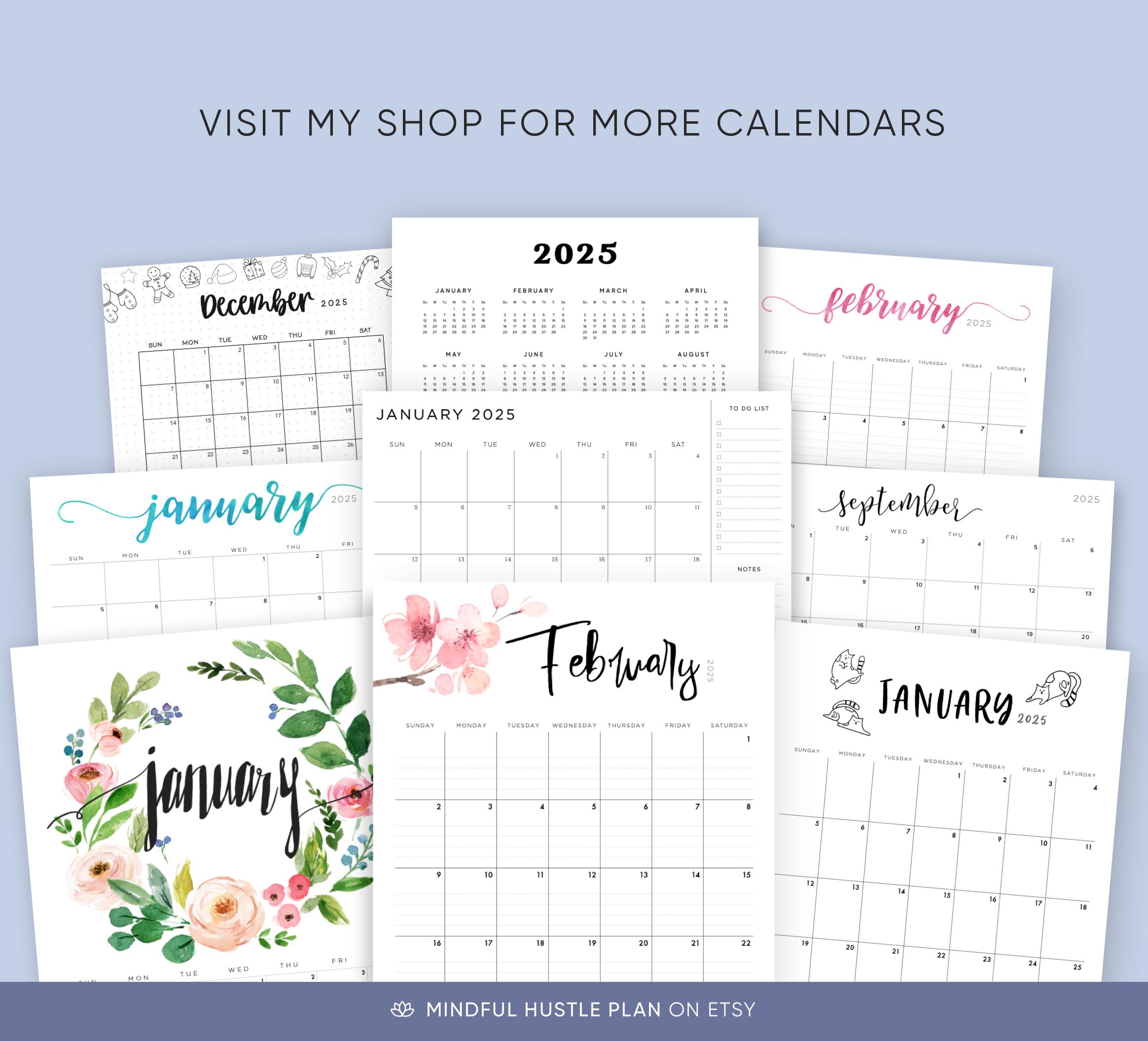 2025 Printable Calendar, Watercolor Lettering, Portrait Layout, PDF ...