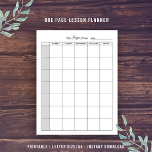 May include: A black and white printable lesson plan template with the text "The Lesson Plan" and the days of the week listed across the top: Monday, Tuesday, Wednesday, Thursday, and Friday.