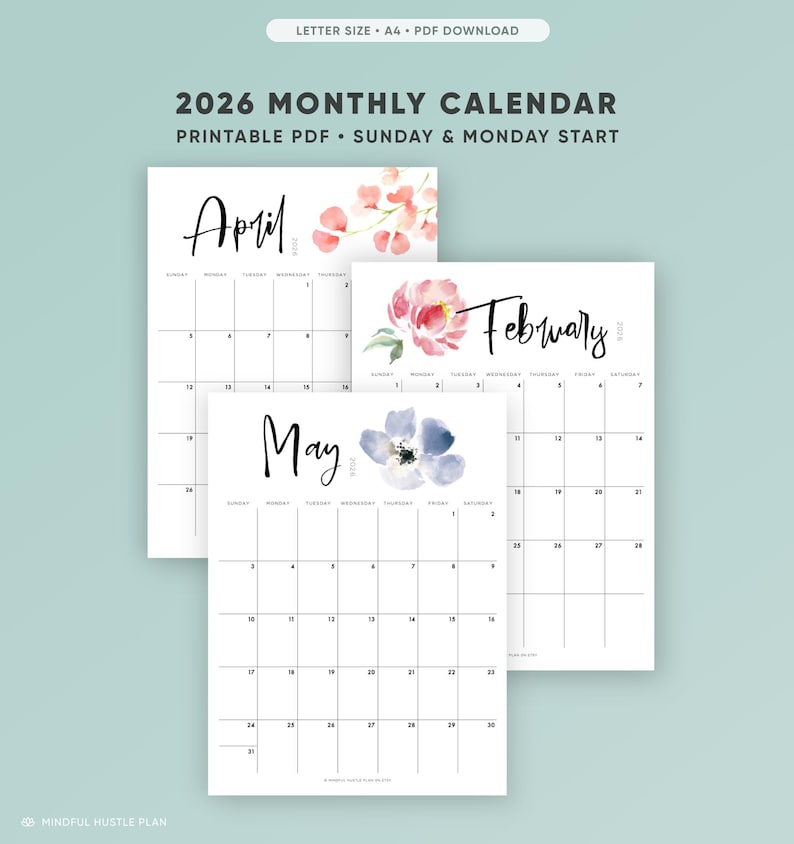 2026 Calendar Printable, Monthly Calendar PDF, Digital Flowers Watercolor, Floral Botanical, Wall, Letter Size A4, By month, Vertical Layout image 1