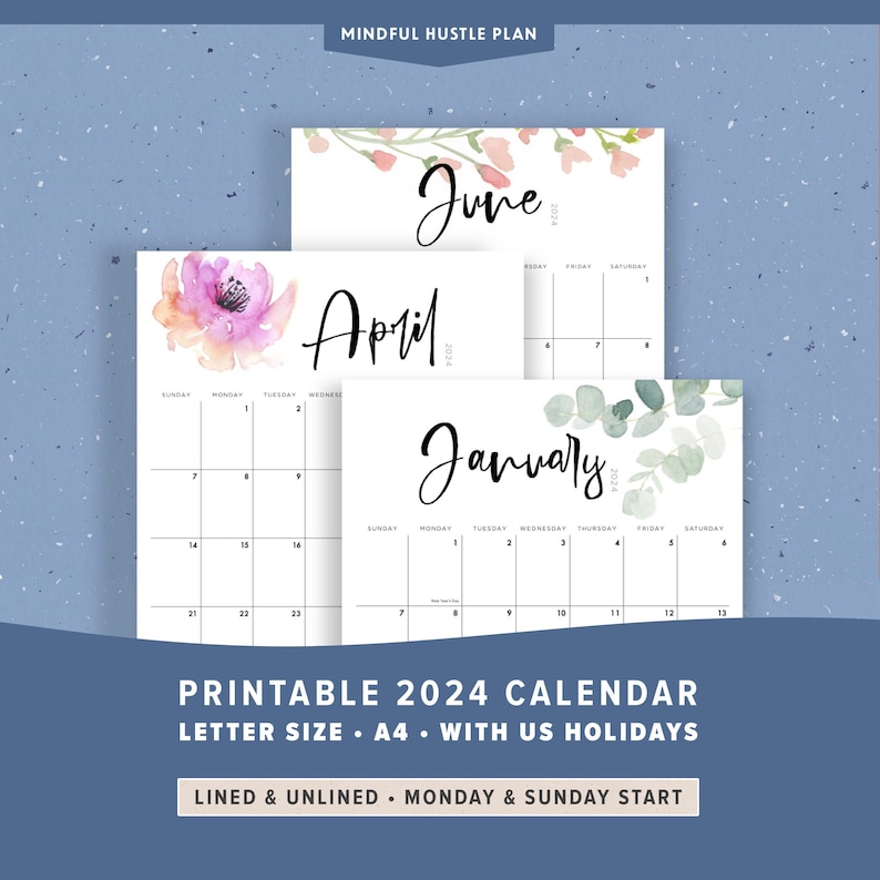 2024 printable calendar, floral calendar printable with holidays, lines, by month