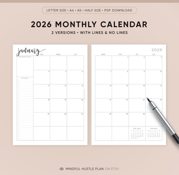 2026 Dated Monthly Planner on Two Pages, Monthly Organizer, Monthly Agenda, Month At a Glance, A5 Inserts, Half Size, Letter 8.5x11 in, A4