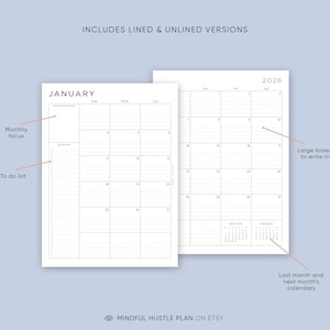 2026 Monthly Planner Printable Download, A5, Half, Letter Size, A4, Dated Month on 2 Pages, 2026 Calendar, MO2P, Lined, PDF image 3
