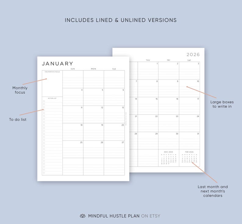 2026 Monthly Planner Printable Download, A5, Half, Letter Size, A4, Dated Month on 2 Pages, 2026 Calendar, MO2P, Lined, PDF image 3
